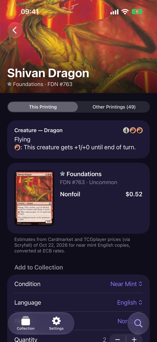 Shivan Dragon's card screen: its art, rules text, price and the controls to add copies.