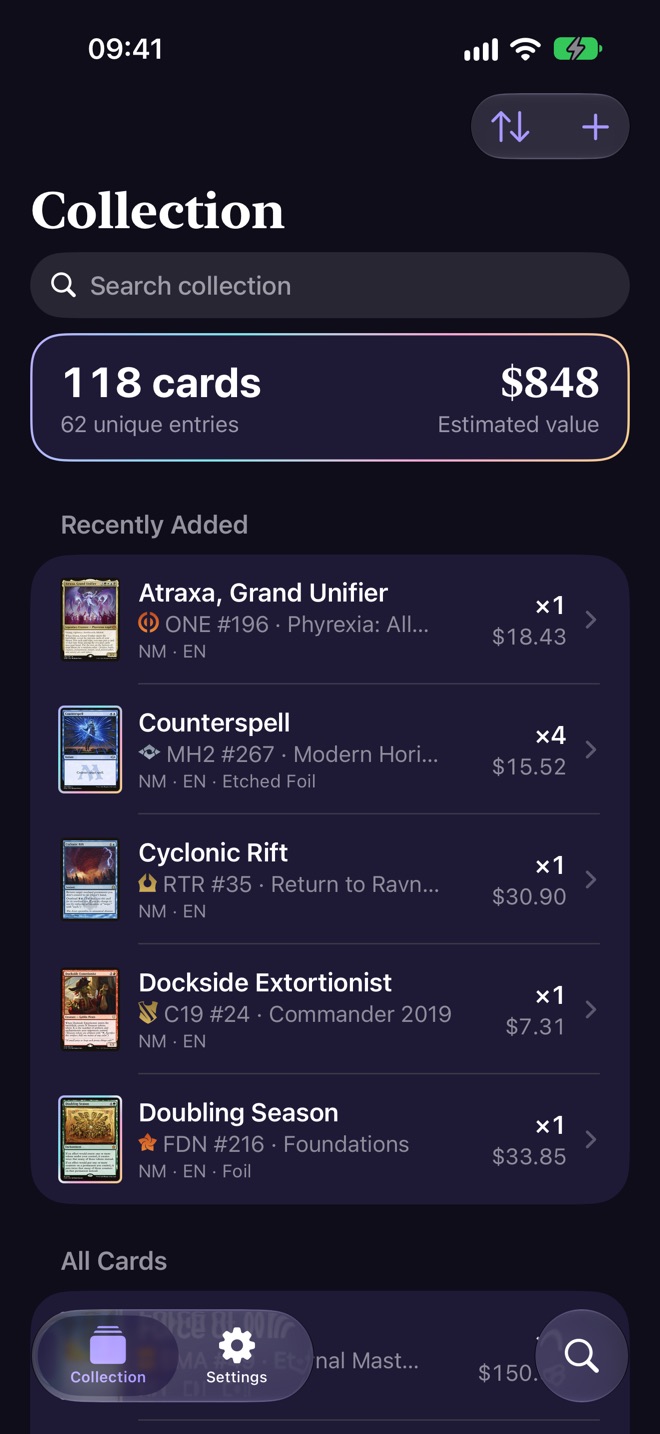 FoilFold on iPhone: the collection with its card count and estimated value, recently added cards such as Atraxa, Grand Unifier and Counterspell, and their prices.