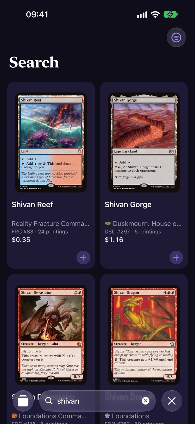 Search results for “shivan”: Shivan Reef, Shivan Gorge, Shivan Devastator and Shivan Dragon with prices.